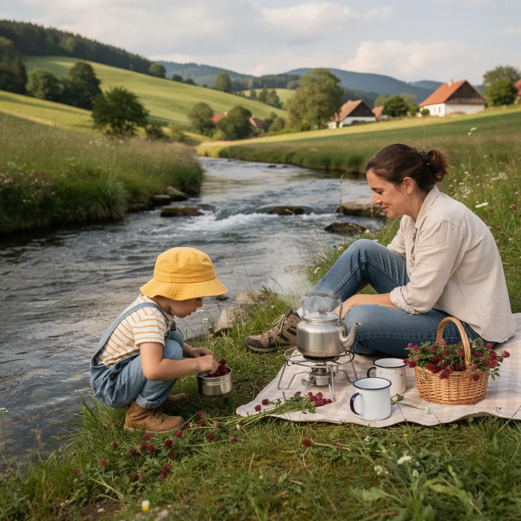 Zelený čaj s červenou ďatelinou v šálke na drevenom stole