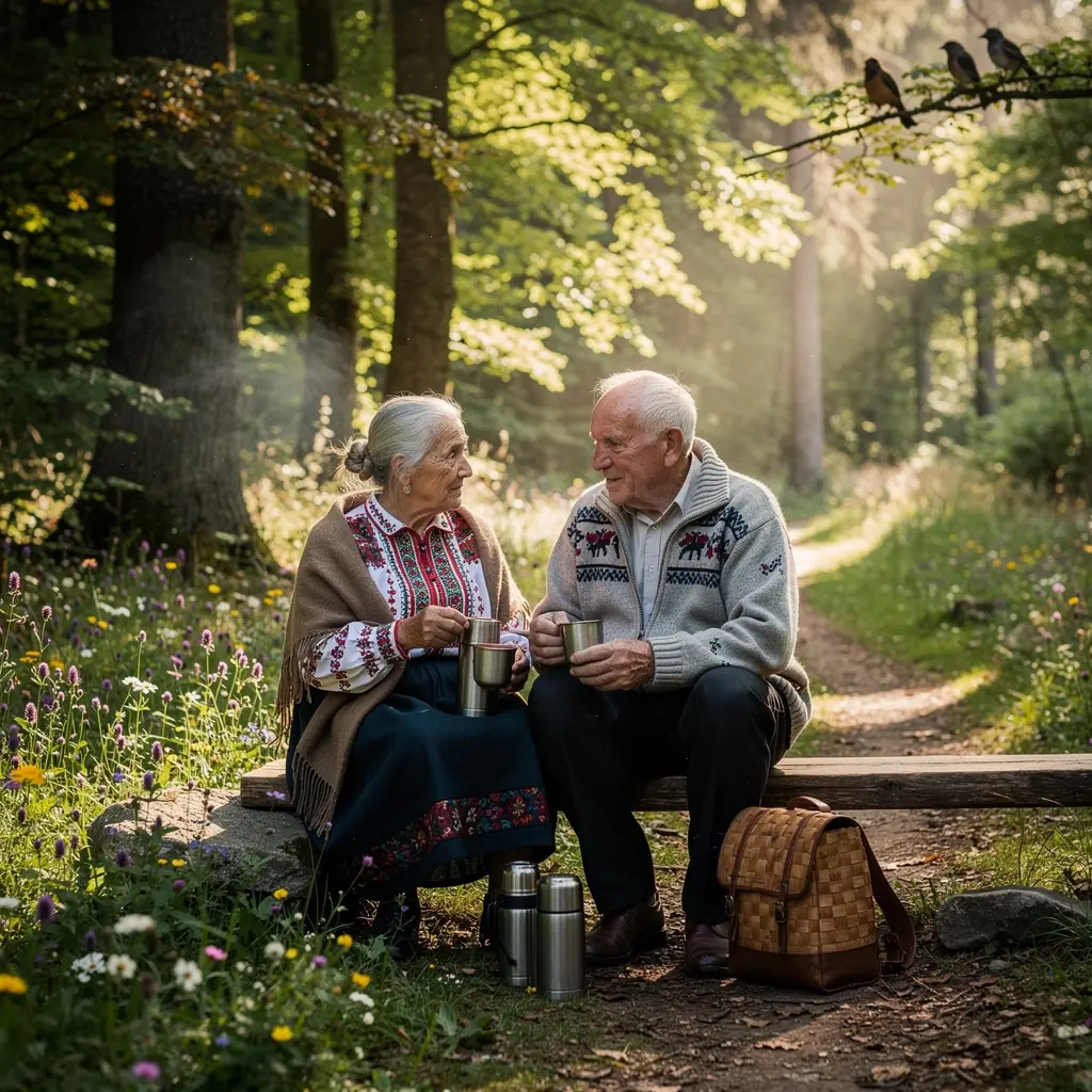 Pohár s čajom a medom na pozadí prírodnej scenérie