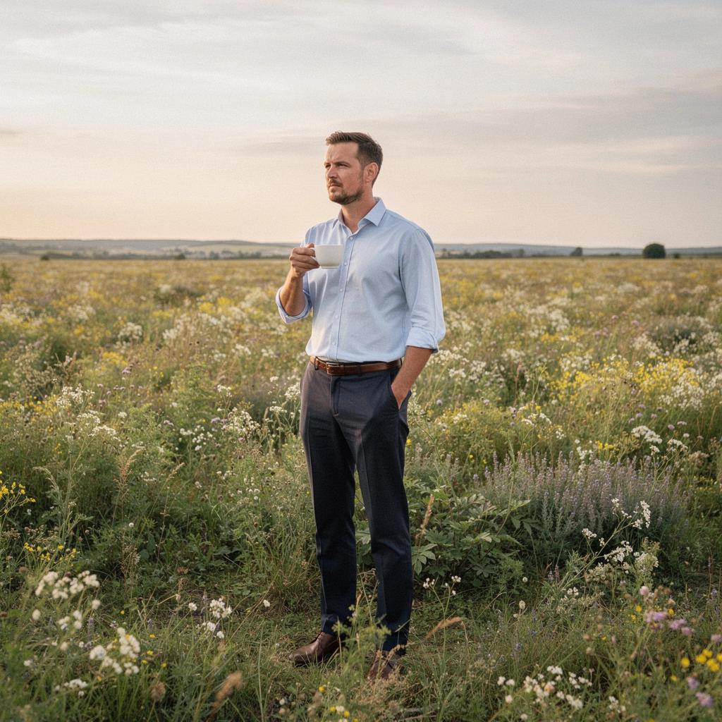 Šálka čaju s červenou ďatelinou a voňavými bylinkami, obklopená kvetmi.