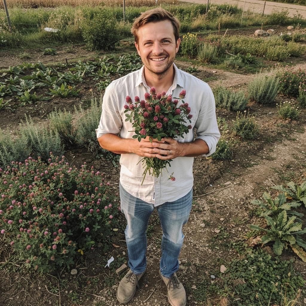 Ruka drží šálku čaju s pohľadom na slnkom zaliatu lúku v pozadí.
